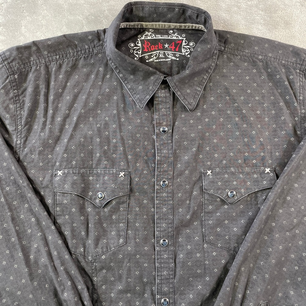 Rock 47 Wrangler Shirt Mens XL Black Skull Geometric Pearl Snap Western Flap - Picture 3 of 12